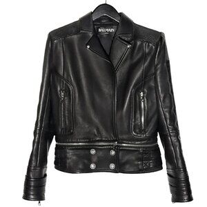 Balmain Black Lambskin Logo Embossed Leather Jacket